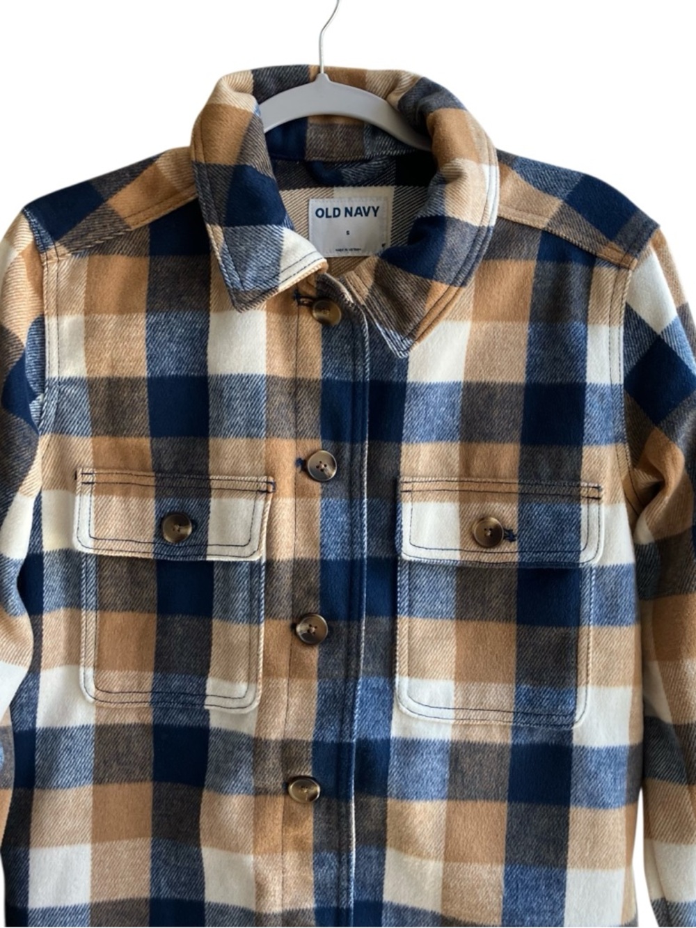 🔥Old Navy Women’s Shacket Plaid Button-Up Cozy in Navy, Tan & White - Sz:Small